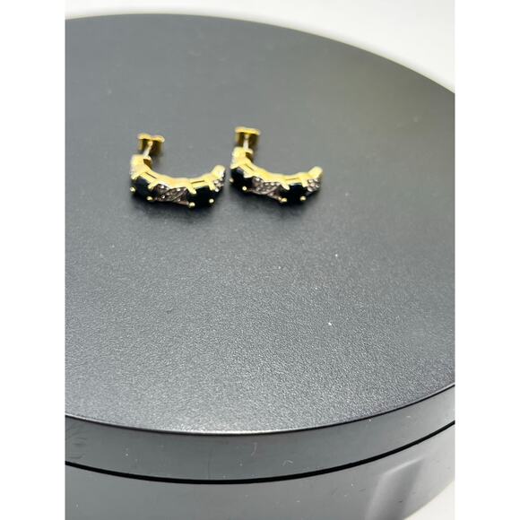 JJT 925 Sterling Vermeil Vintage Blue Topaz Diamond Half Hoop J Post Earrings - Picture 8 of 11